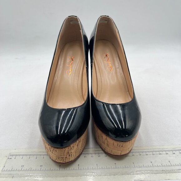 XYD Black Round Toe Wood Platform Pumps Slip On Patent Wedge Cork High Heel Shoe - Picture 3 of 8